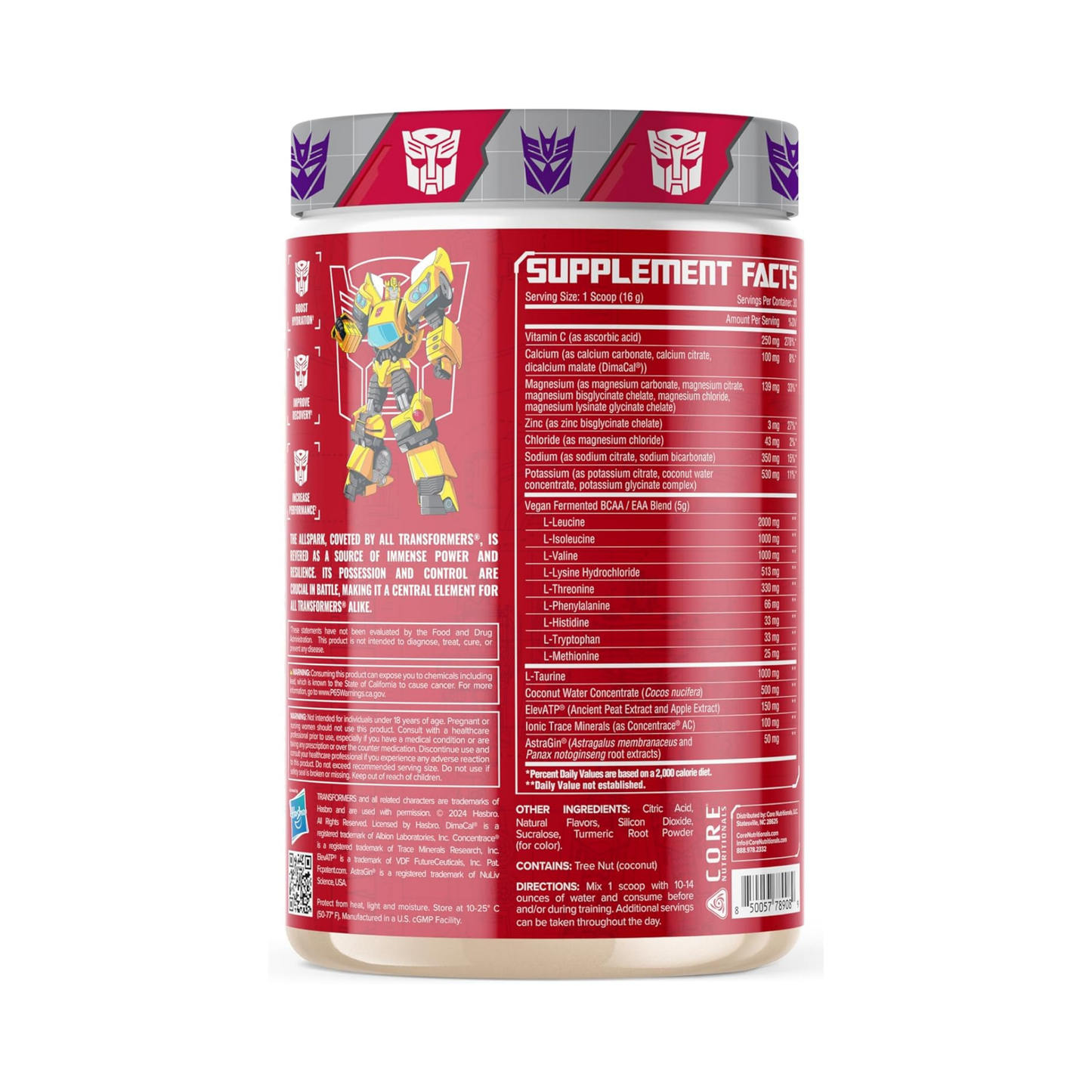 Core Nutritionals Transformers All Spark Hydration + EAA Full Electrolyte Blend for Recovery Bumblebee - 30 Servings (Sour Lemon Candy)