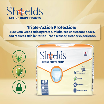 Shields Adult Diapers, Unisex Incontinence Diaper Pull-Ups for Women & Men, Leak-Proof, Daily Bladder Protection - Pack of 4 (M)