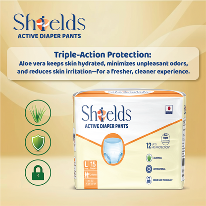 Shields Adult Diapers, Unisex Incontinence Diaper Pull-Ups for Women & Men, Leak-Proof, Daily Bladder Protection - Pack of 6 (L)