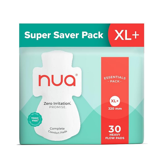 Nua Ultra Heavy Leak-Proof Sanitary Pads 50% Wider Back, Rash-Free, Toxin-Free, Maximum Protection for Heavy Flow - Xl+ (Pack of 30)