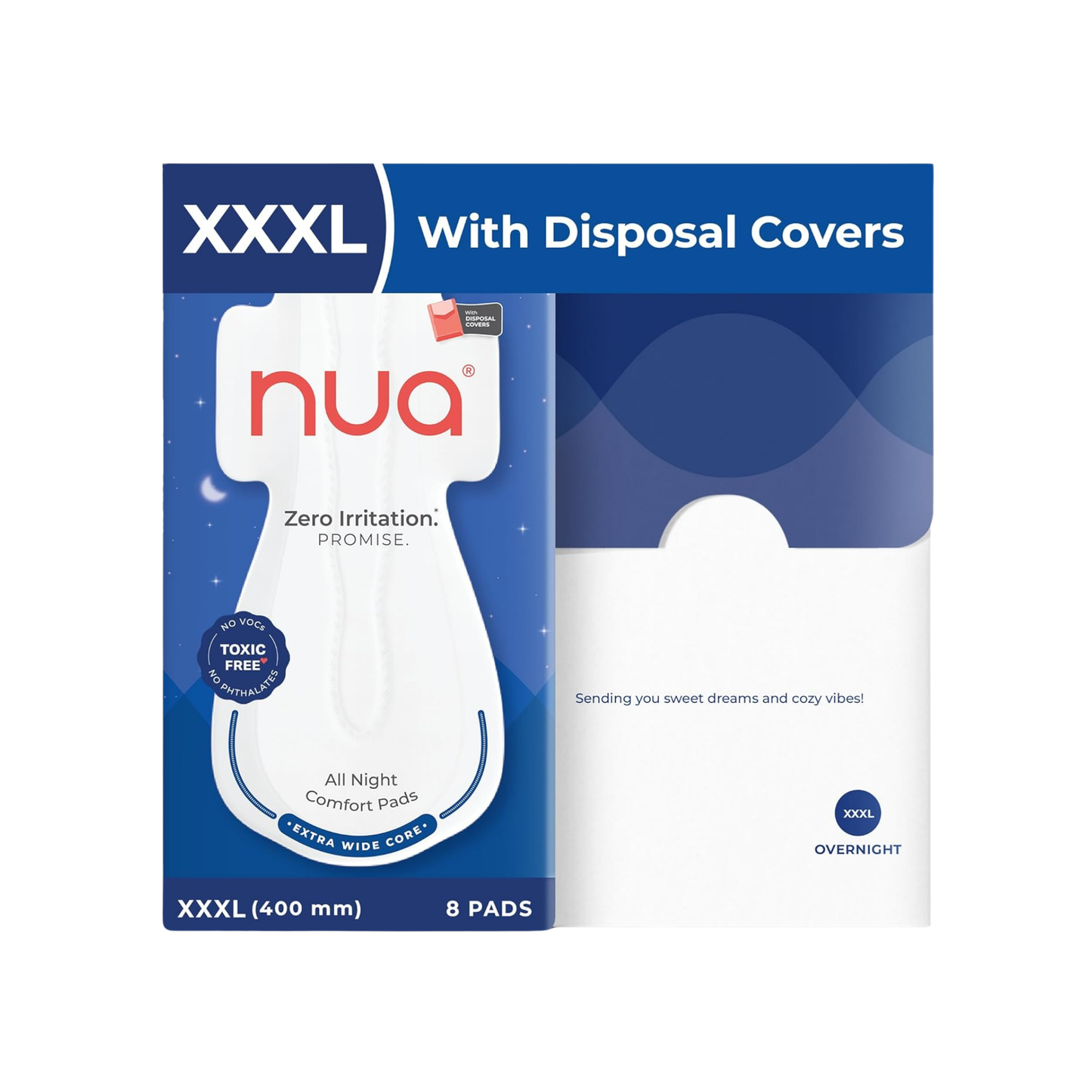 Nua Ultra Overnight Sanitary Pads with Wings – Heavy Flow, Rash-Free, Toxin-Free, 2X Leak Protection, Soft Top Layer for Night Comfort - XL+