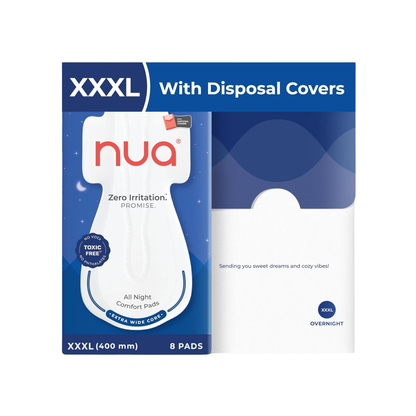 Nua Ultra Overnight Sanitary Pads with Wings – Heavy Flow, Rash-Free, Toxin-Free, 2X Leak Protection, Soft Top Layer for Night Comfort - XL+