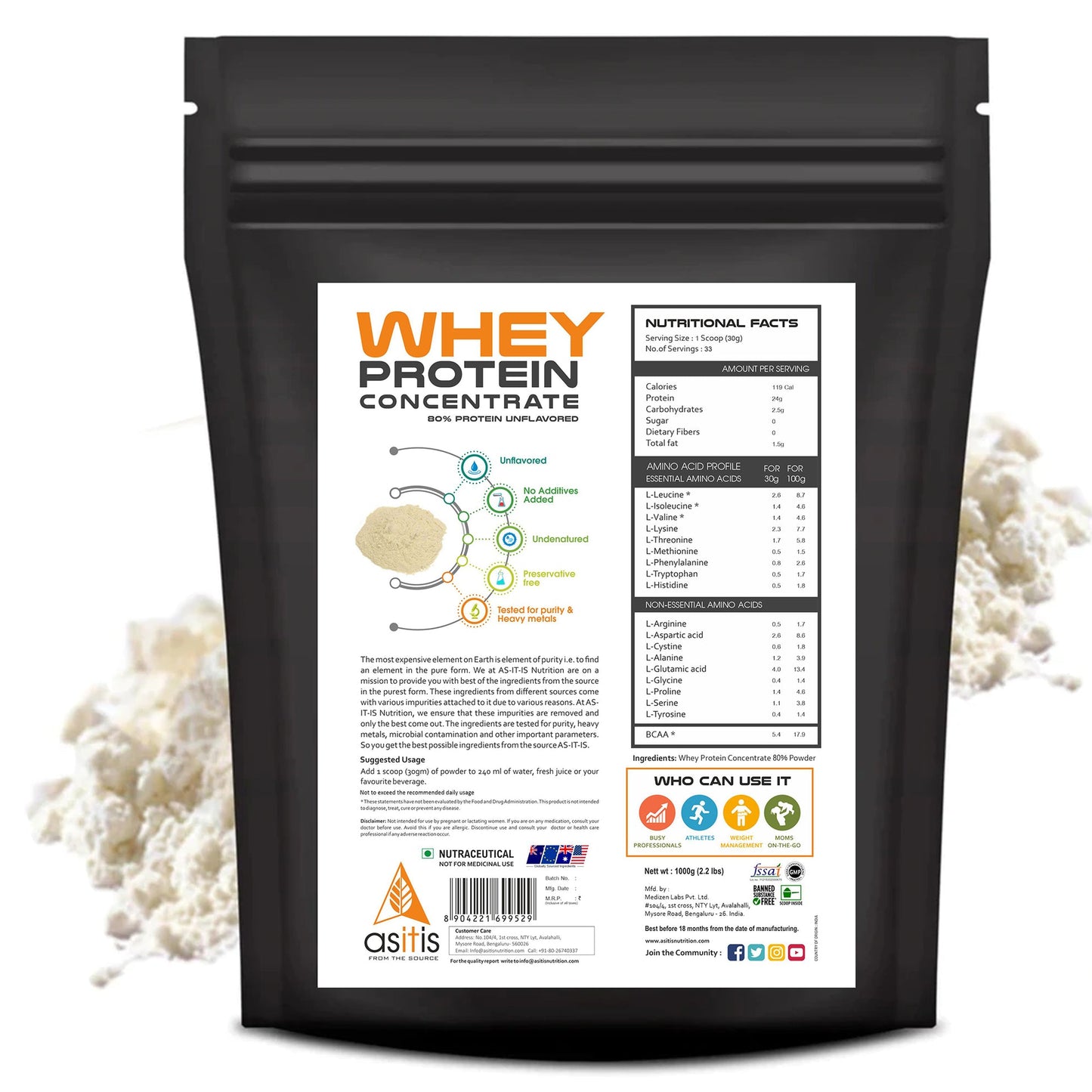 AS-IT-IS Nutrition RAW Whey Protein Concentrate Unflavoured 2.2 lb
