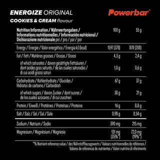 PowerBar Energize Original Cookies & Cream Energy Bar –  High Carb Sports Bar, 2:1 Glucose-Fructose with Sodium & Magnesium | 15 x 55g | Endurance Protein Bar for Athletes
