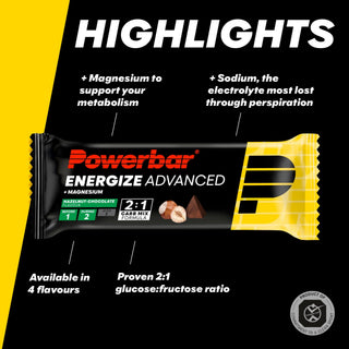 PowerBar Energize Advanced Hazelnut Chocolate Energy Bar – High Carb 2:1 Sports Bar, Optimal Texture with Sodium & Magnesium | 15 x 55g | Endurance Protein Bar for Athletes